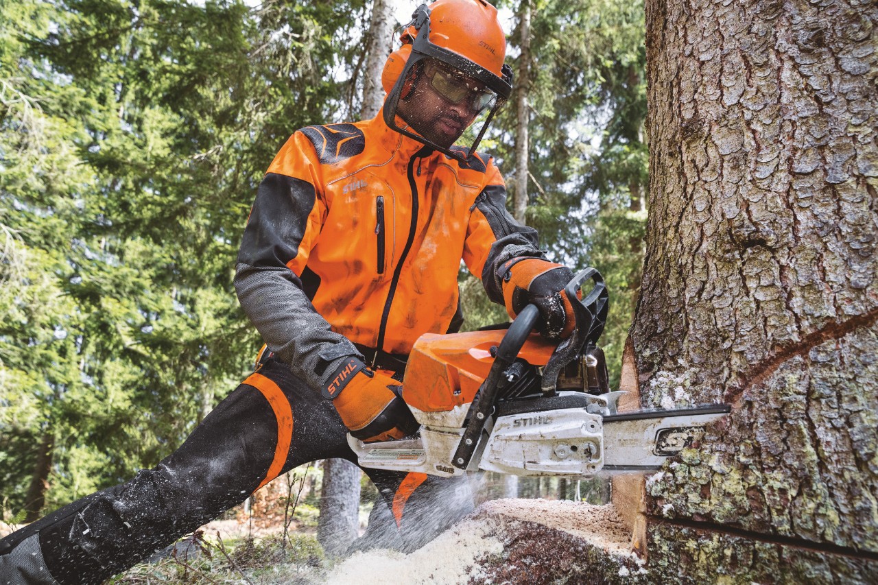 Мъж в защитна екипировка реже дърво с моторен трион STIHL MS 462
