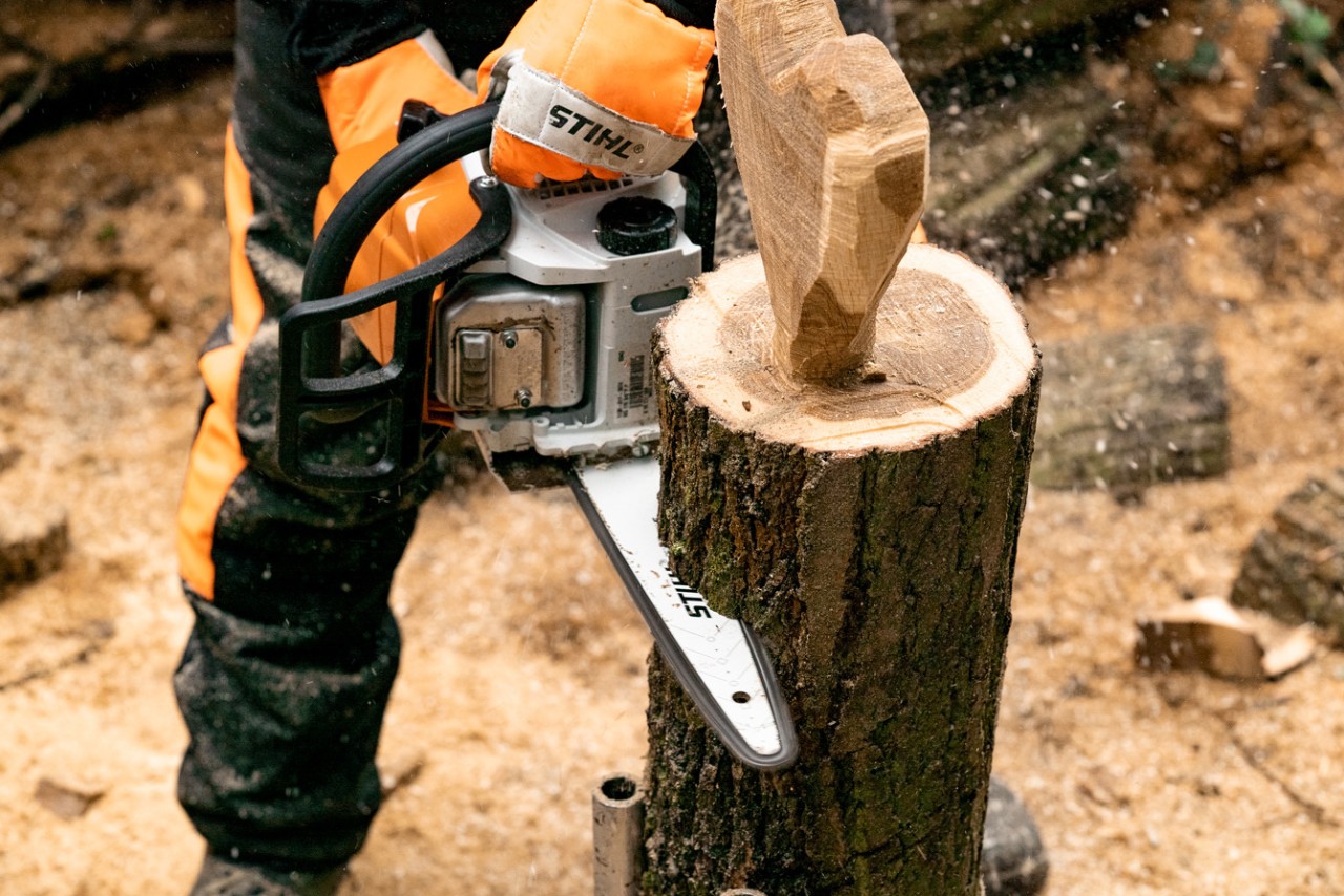  С бензинов верижен трион STIHL MS 170 сърцето от дърво заедно с основата се отделя от останалата част от дървото