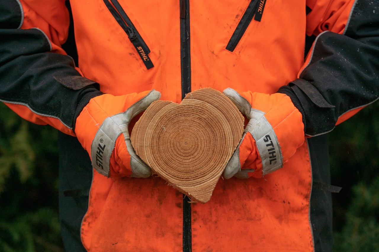 Човек в предпазно работно облекло STIHL държи в ръцете си дървен диск с форматта на сърце