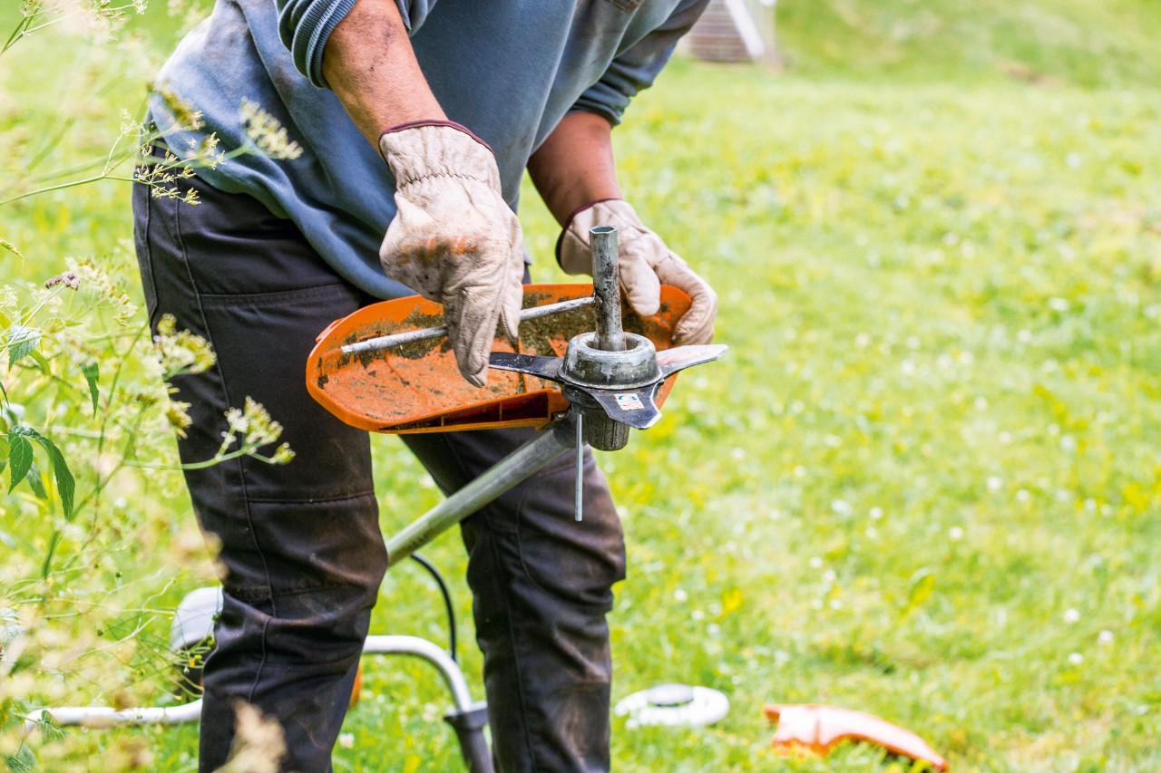 При техническо обслужване на моторната косачка STIHL FS 131 главата за косене се почиства