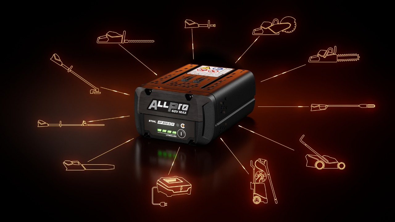 Батерия STIHL ALLPRO AP 300.0 PC с различни символи за продуктови категории, указващи съвместимост
