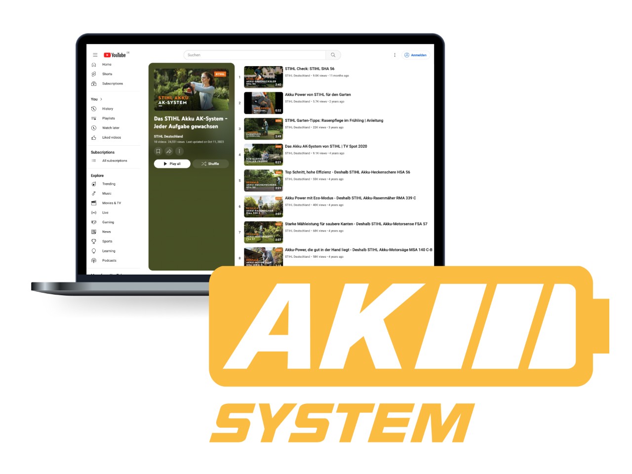 Лого на системата AK на STIHL под формата на жълта икона за акумулаторна батерия, на заден план лаптоп