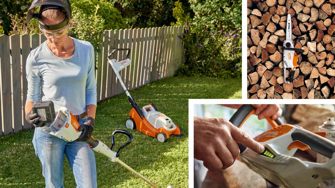 Колаж от снимки: Жена с различни STIHL акумулаторни уреди в градината